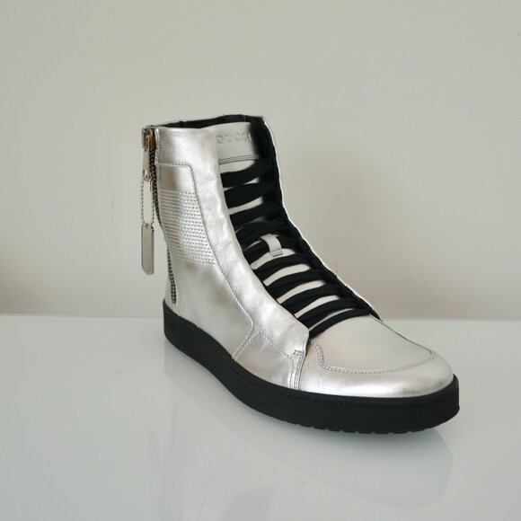 NIB GUCCI MENS HITOP LEATHER METALLIC SILVER SNEAKERS - Picture 2 of 9
